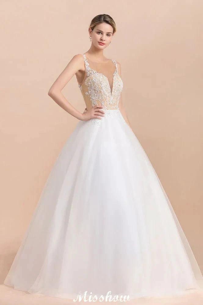 Gorgeous Illusion Neck Button Sleeveless White Ball Gown Wedding Dress (ZD13990)