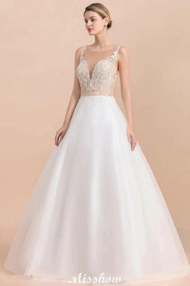 Gorgeous Illusion Neck Button Sleeveless White Ball Gown Wedding Dress (ZD13990)