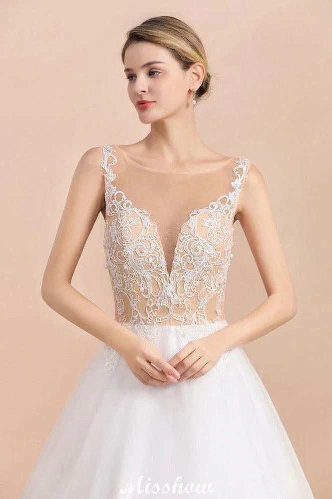 Gorgeous Illusion Neck Button Sleeveless White Ball Gown Wedding Dress (ZD13990)