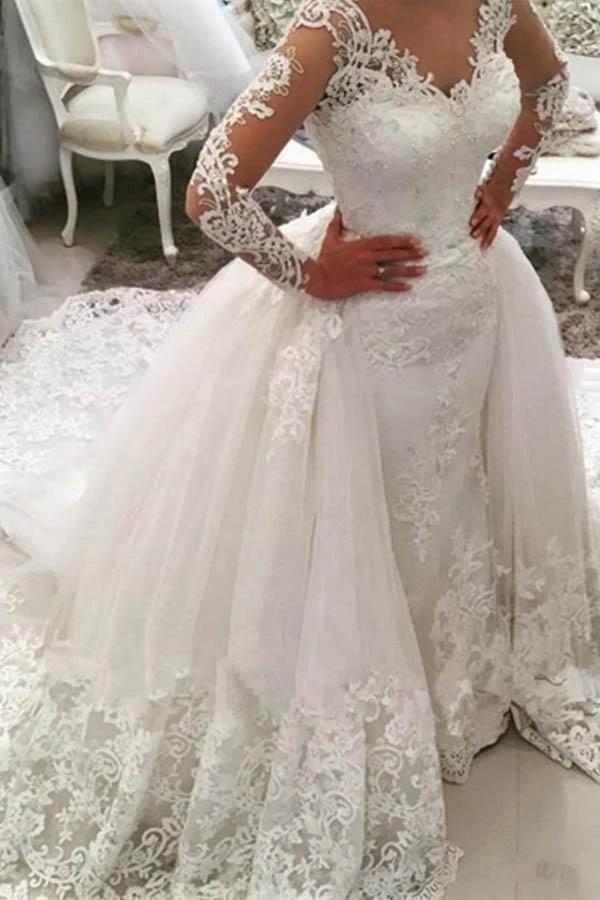Gorgeous Ivory Long Mermaid V-Neck Appliques Lace Wedding Dress with Sleeves (ZD15867)