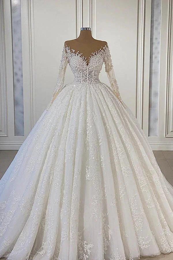 Gorgeous Lace Long Sleeve Beads Ball Gown Wedding Dress by misshow.com