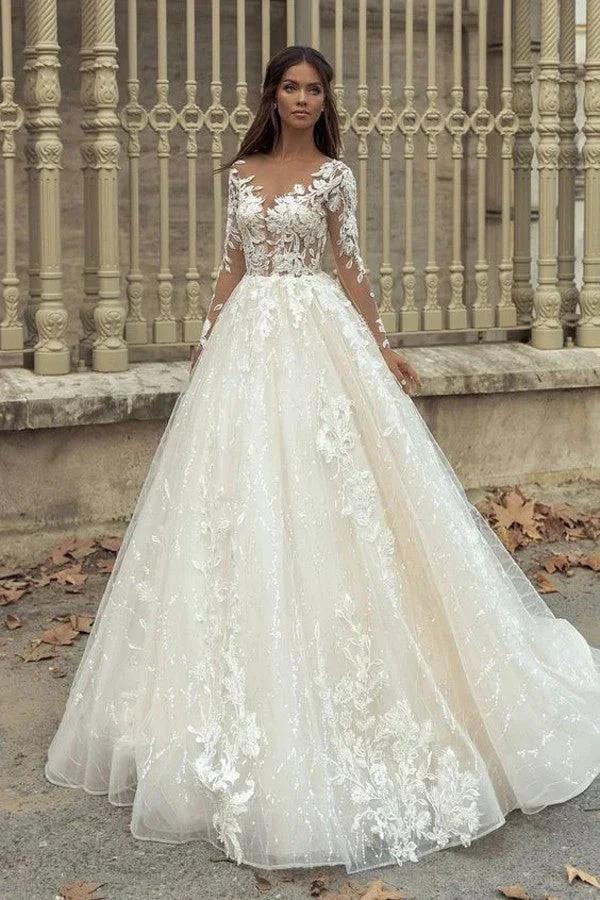 Gorgeous Long A-Line Bateau Appliques Lace Train Wedding Dress with Sleeves (ZD14308)