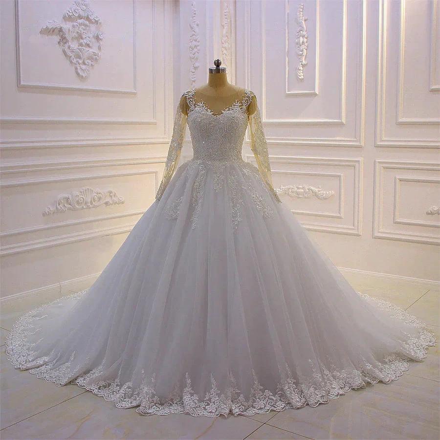 Gorgeous Long A-Line Bateau Pearl Tulle Appliques Lace Wedding Dress with Sleeves (ZD15188)