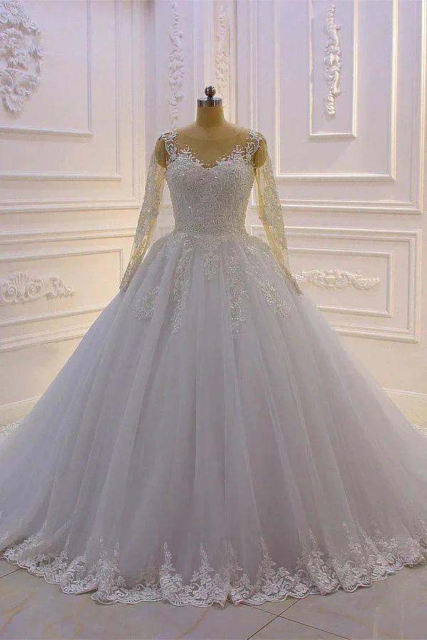 Gorgeous Long A-Line Bateau Pearl Tulle Appliques Lace Wedding Dress with Sleeves (ZD15188)