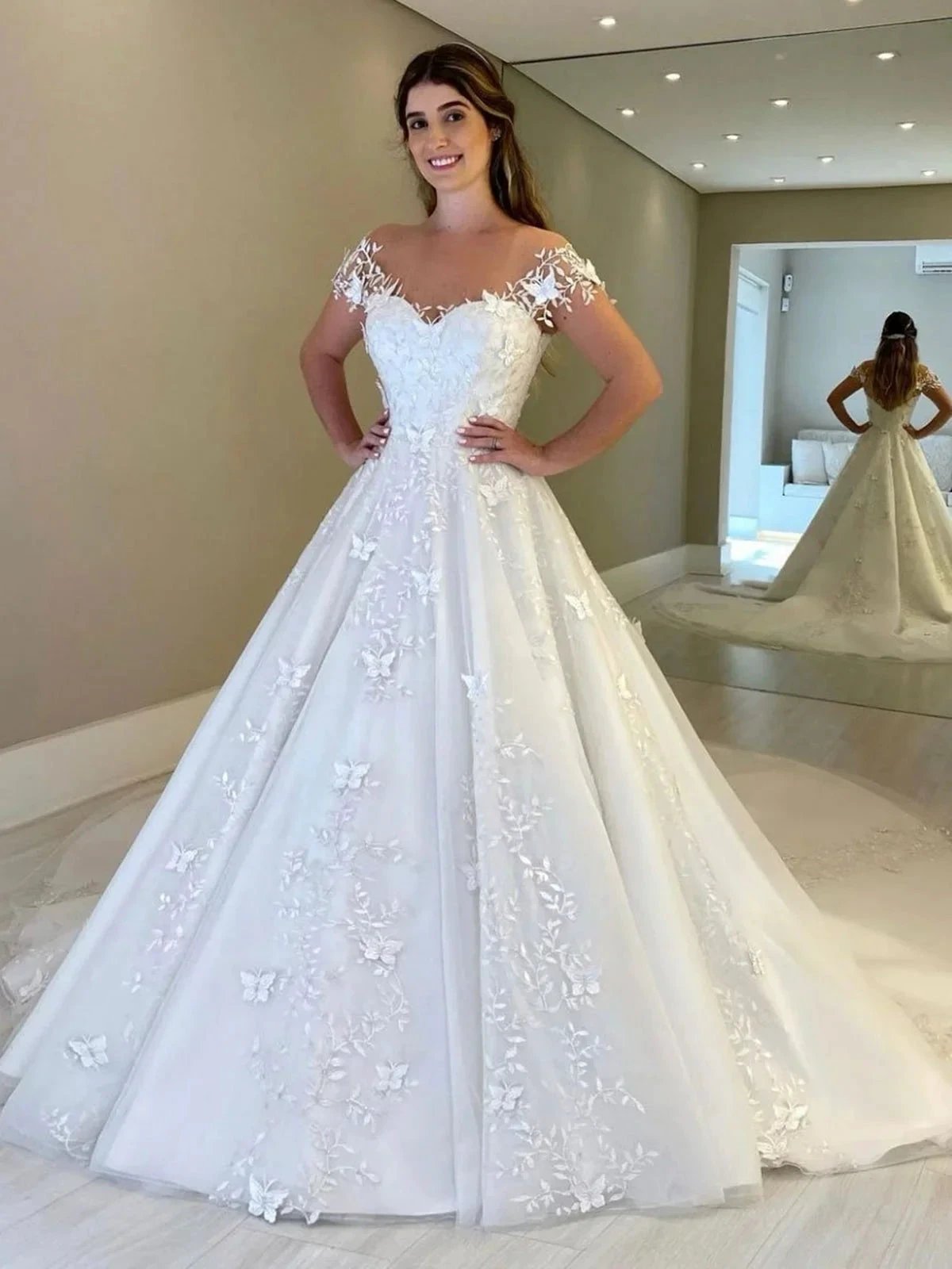 Gorgeous Long A-line Off Shoulder Lace Open Back Wedding Dresses with Cap Sleeves (ZD16748)