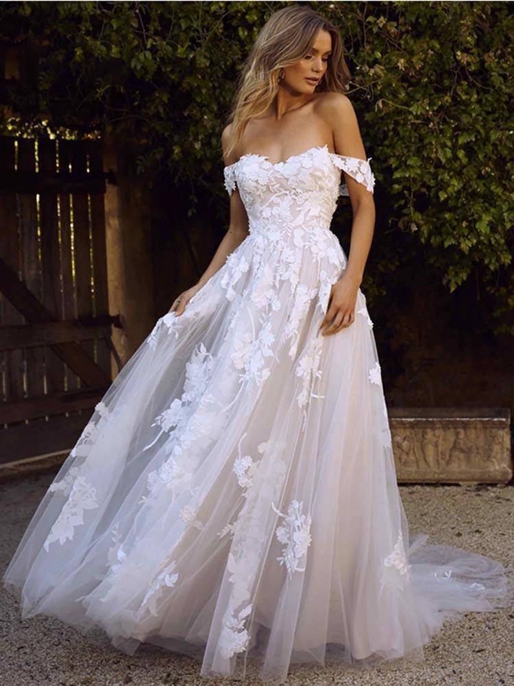 Gorgeous Long A-line Off the Shoulder Open Back Appliques Tulle Wedding Dresses (ZD15890)