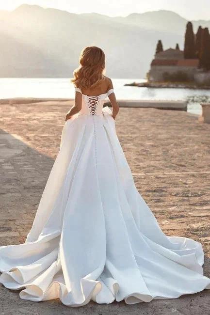 Gorgeous Long A-line Off-the-shoulder Satin Sleeveless Wedding Dresses With Glitter (ZD14991)