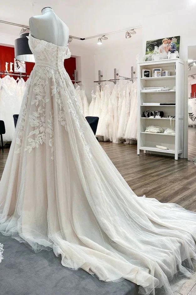 Gorgeous Long A-line Off-the-shoulder Tulle Lace Appliques Wedding Dress (ZD14446)