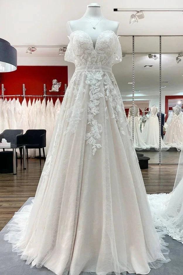 Gorgeous Long A-line Off-the-shoulder Tulle Lace Appliques Wedding Dress (ZD14446)