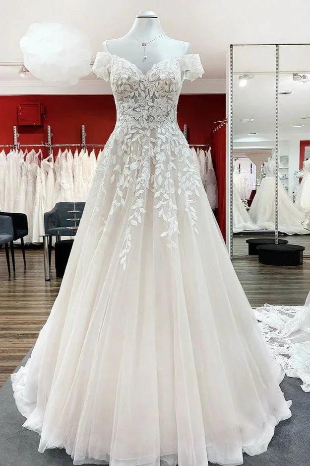 Gorgeous Long A-line Off-the-shoulder Tulle Lace Ruffles Wedding Dress (ZD14448) - VelvetHem