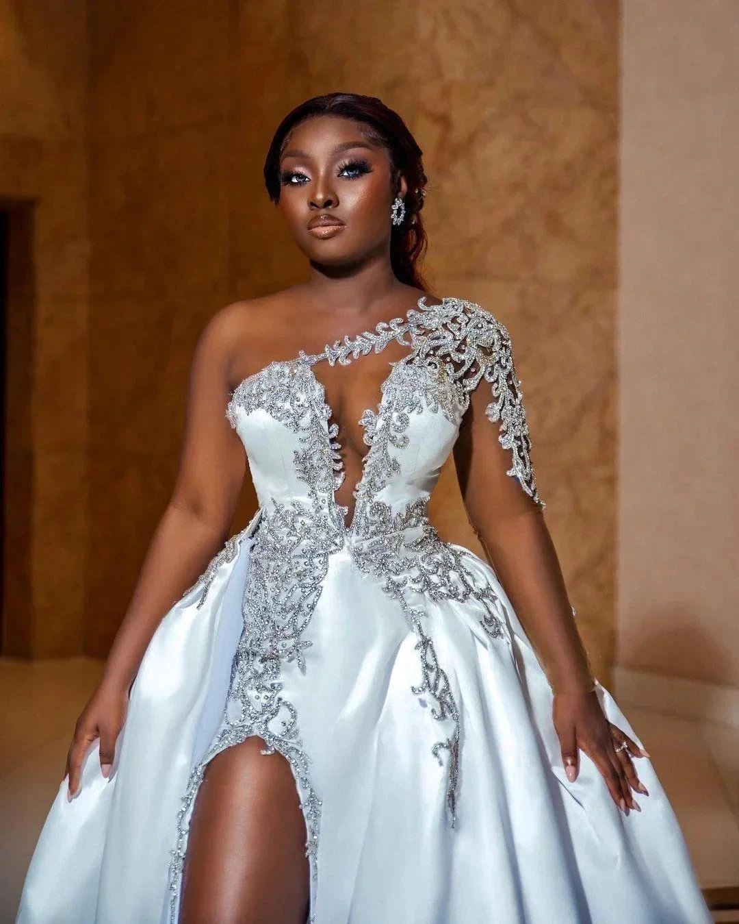 Gorgeous Long A-line One Shoulder Beading Wedding Dress With Slit (ZD16392)
