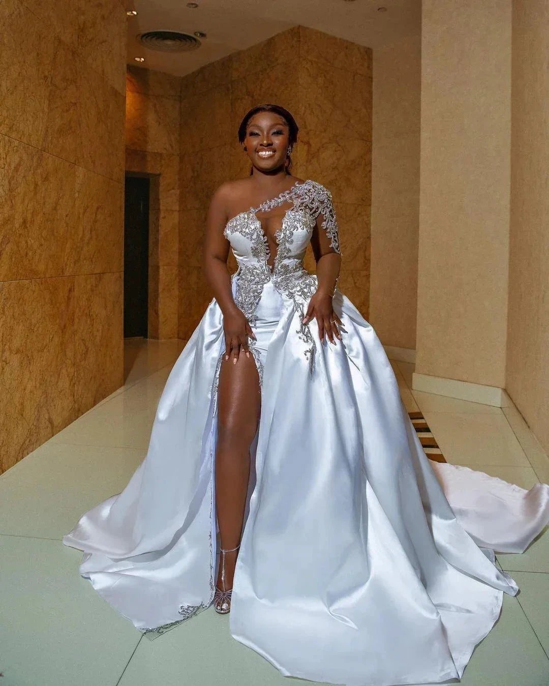 Gorgeous Long A-line One Shoulder Beading Wedding Dress With Slit (ZD16392)