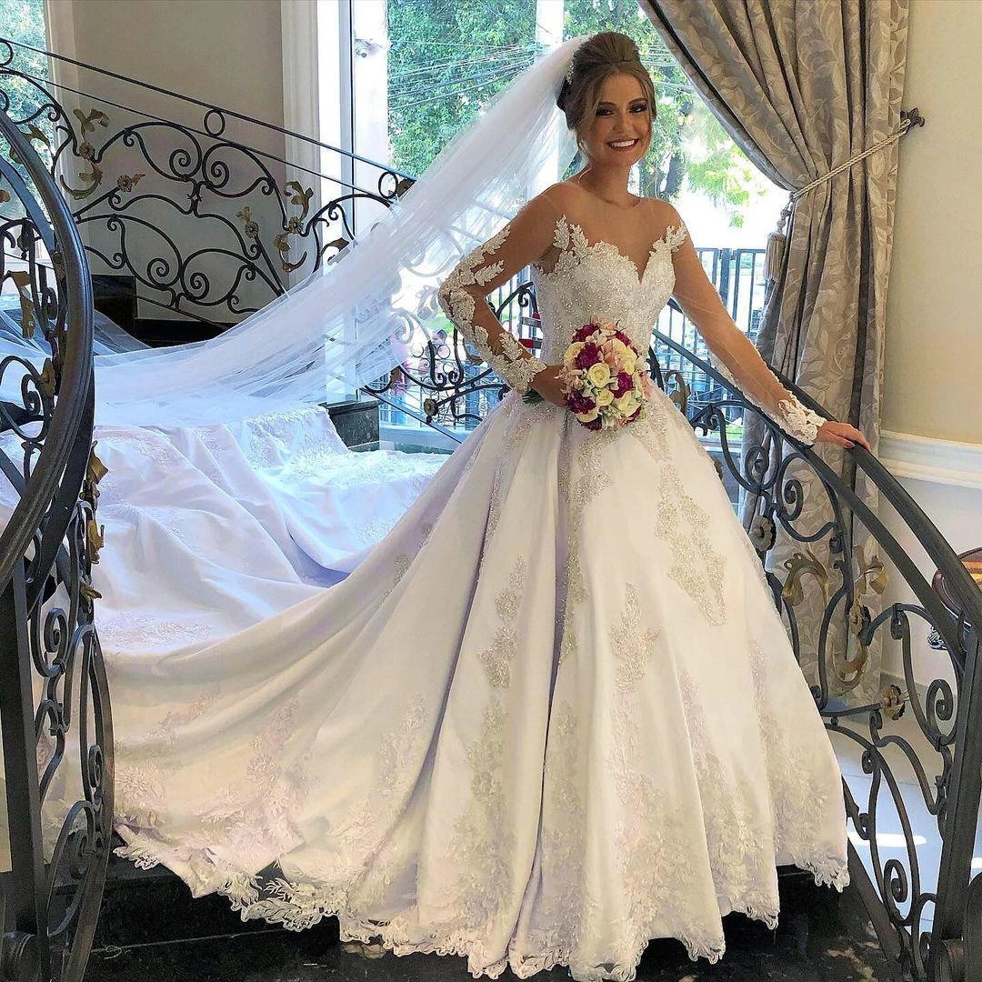 Gorgeous Long A-line Sweetheart Satin Lace Tulle Wedding Dress with sleeves (ZD15034)