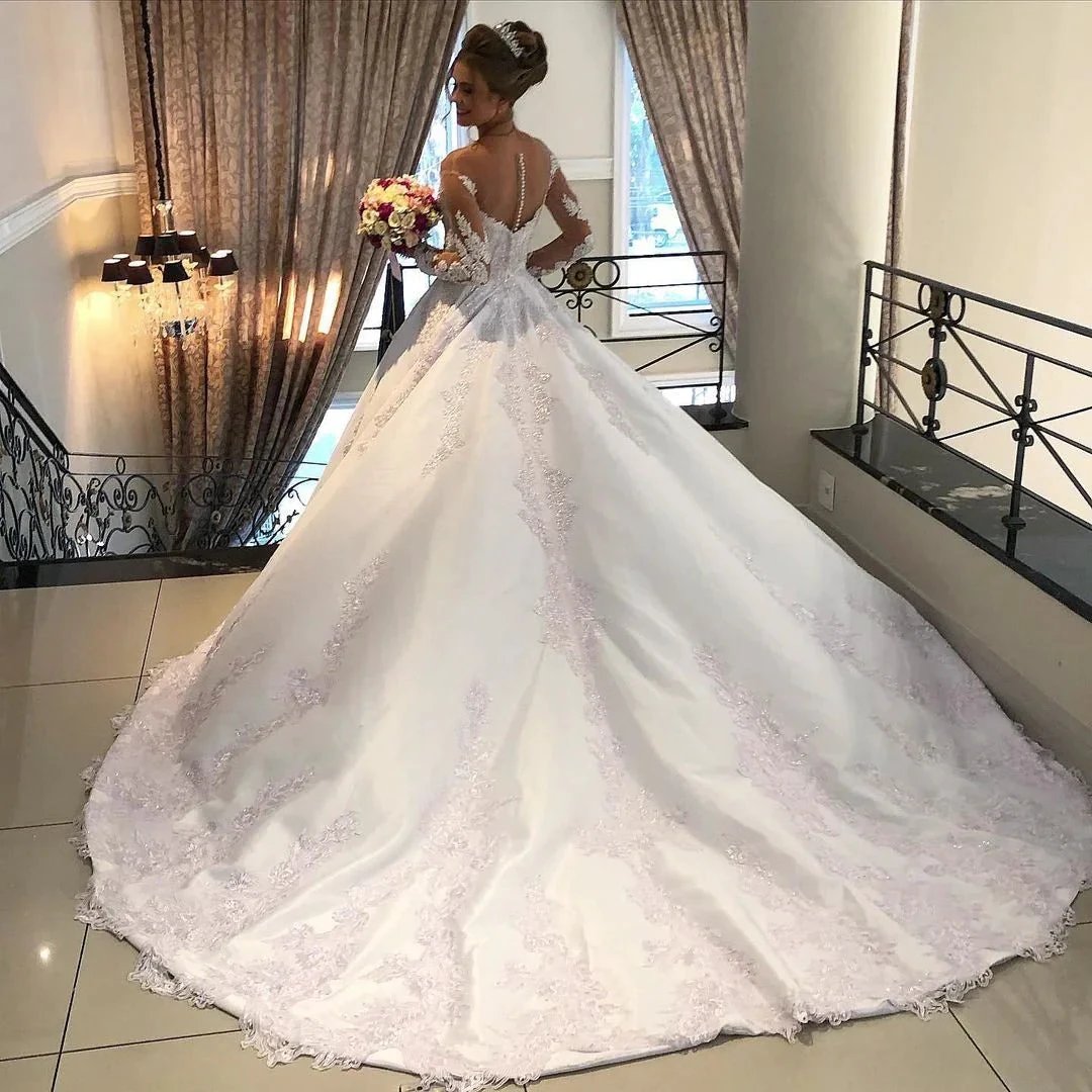 Gorgeous Long A-line Sweetheart Satin Lace Tulle Wedding Dress with sleeves (ZD15034)