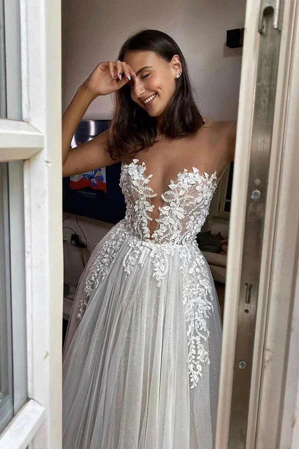 Gorgeous Long A-line Tulle Appliques Lace Wedding Dress (ZD15000)
