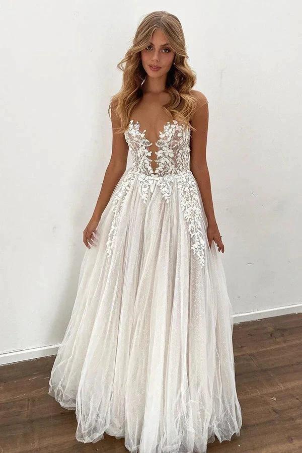 Gorgeous Long A-line Tulle Appliques Lace Wedding Dress (ZD15000)