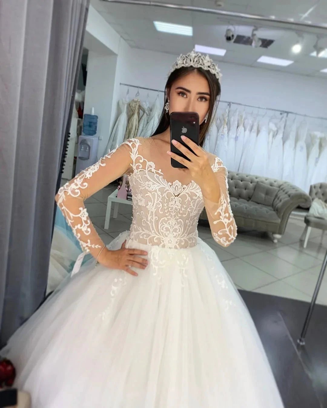 Gorgeous Long A-line Tulle Lace Wedding Dress with Sleeves (ZD15116) - View 4 | VelvetHem