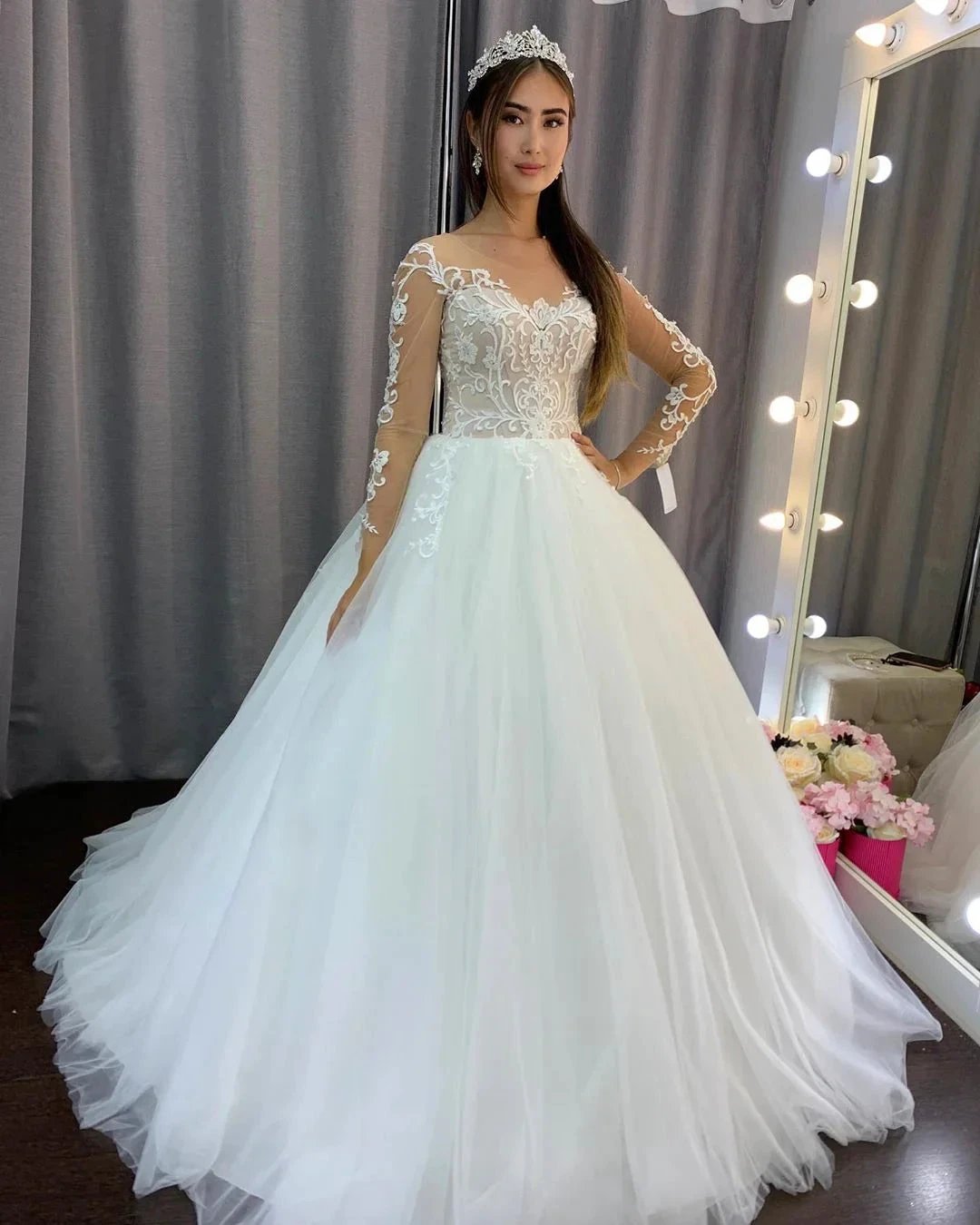 Gorgeous Long A-line Tulle Lace Wedding Dress with Sleeves (ZD15116) - View 5 | VelvetHem