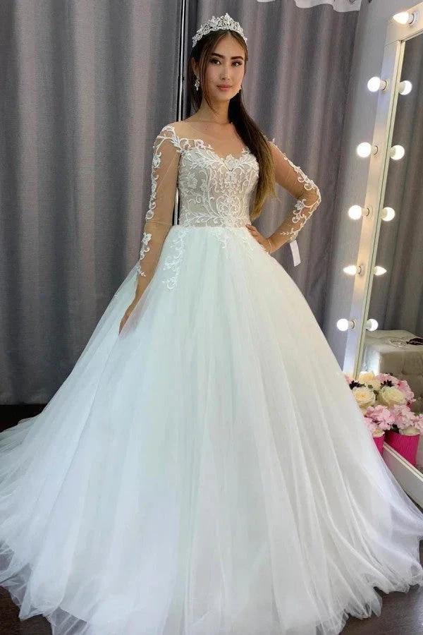 Gorgeous Long A-line Tulle Lace Wedding Dress with Sleeves (ZD15116) - VelvetHem