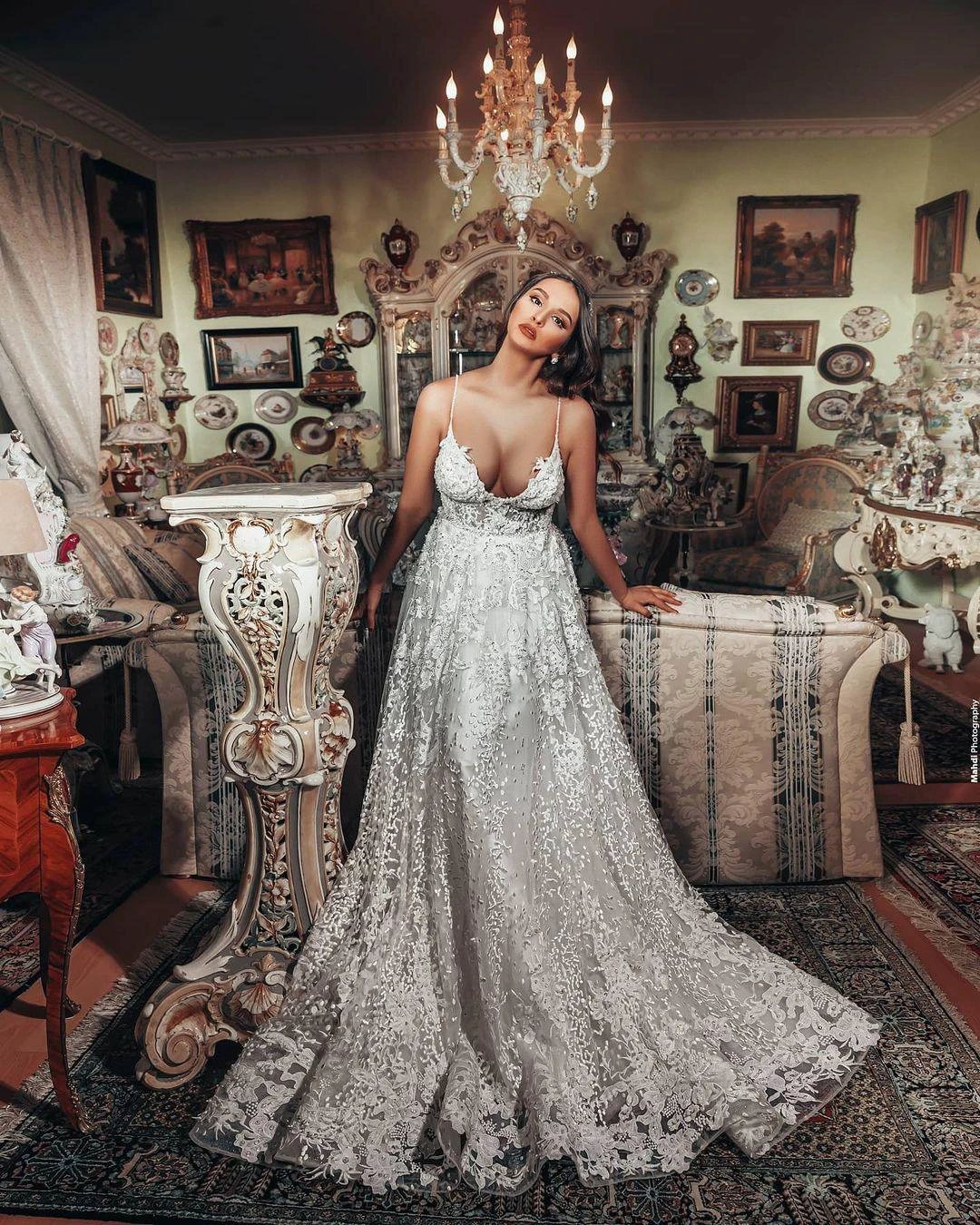 Gorgeous Long A-line V-neck 3D Floral Lace Wedding Dress (ZD15059)