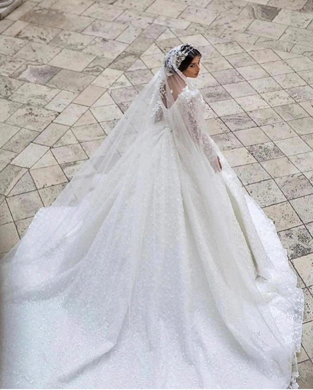 Gorgeous Long A-Line V-neck Appliques Lace Wedding Dress with Sleeves (ZD15079)