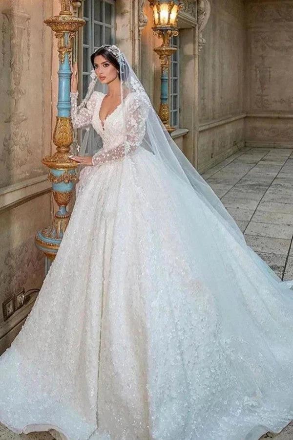 Gorgeous Long A-Line V-neck Appliques Lace Wedding Dress with Sleeves (ZD15079)