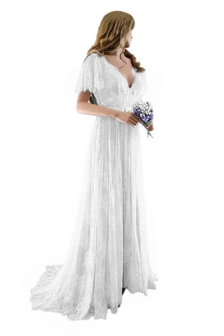 Gorgeous Long A-line V-Neck Lace Wedding Dresses with Cap Sleeves (ZD15894)