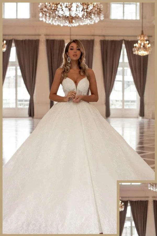 Gorgeous Long A-line V-neck Sleeveless Princess Wedding Dresses With Lace (ZD14842)