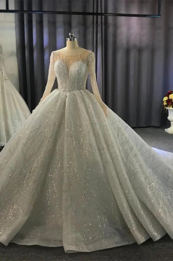 Gorgeous Long Ball Gown Bateau Crystal Wedding Dress with Sleeves (ZD15185)