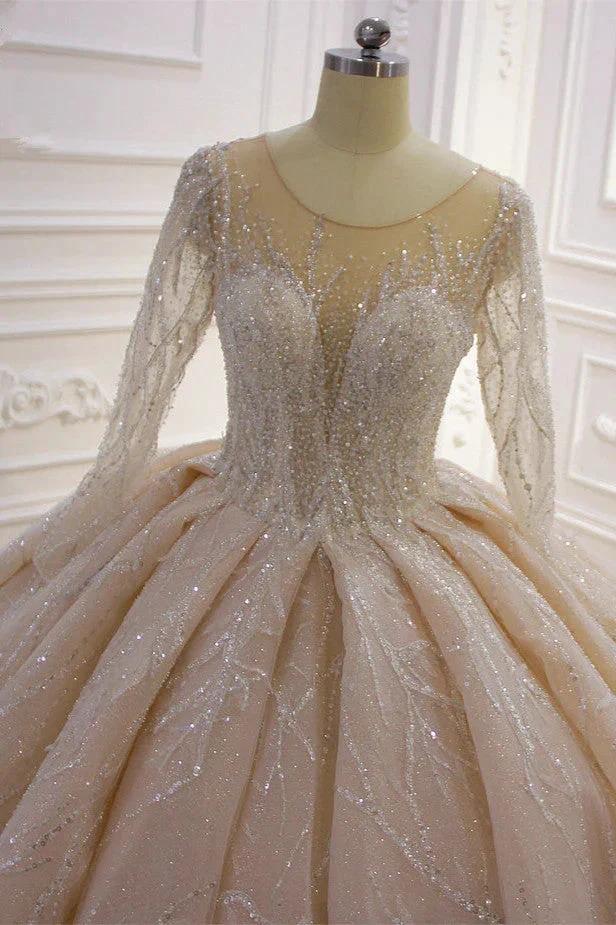 Gorgeous Long Ball Gown Bateau Crystal Wedding Dress with Sleeves (ZD15185)