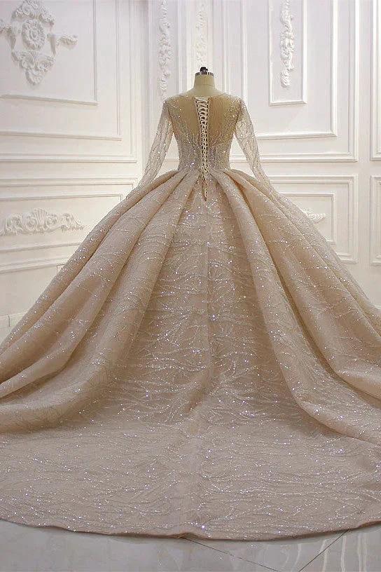 Gorgeous Long Ball Gown Bateau Crystal Wedding Dress with Sleeves (ZD15185)