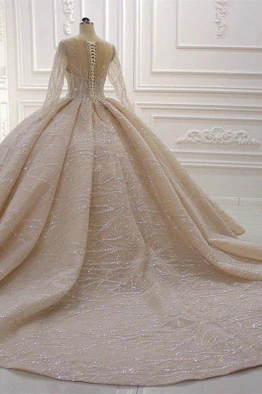 Gorgeous Long Ball Gown Bateau Crystal Wedding Dress with Sleeves (ZD15185)