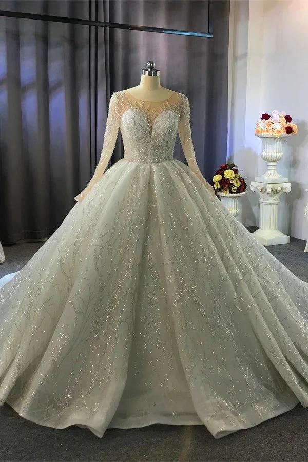 Gorgeous Long Ball Gown Bateau Crystal Wedding Dress with Sleeves (ZD15185)