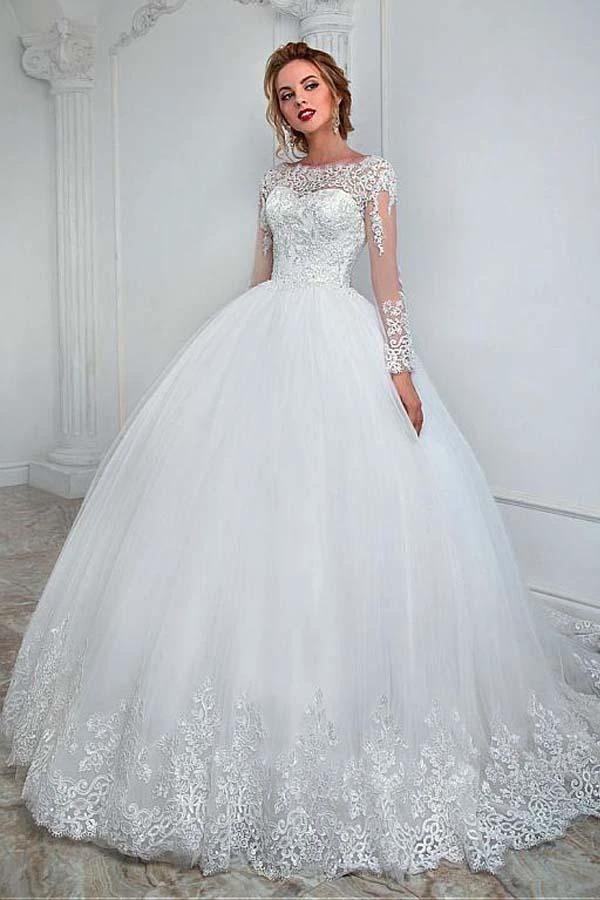 Gorgeous Long Ball Gown Jewel Tulle Lace Wedding Dress with Sleeves (ZD15196)