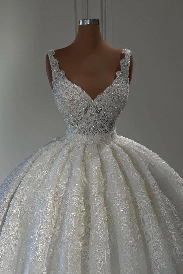 Gorgeous Long Ball Gown Sweetheart Sleeveless Lace Wedding Dress with Ruffles (ZD16753)
