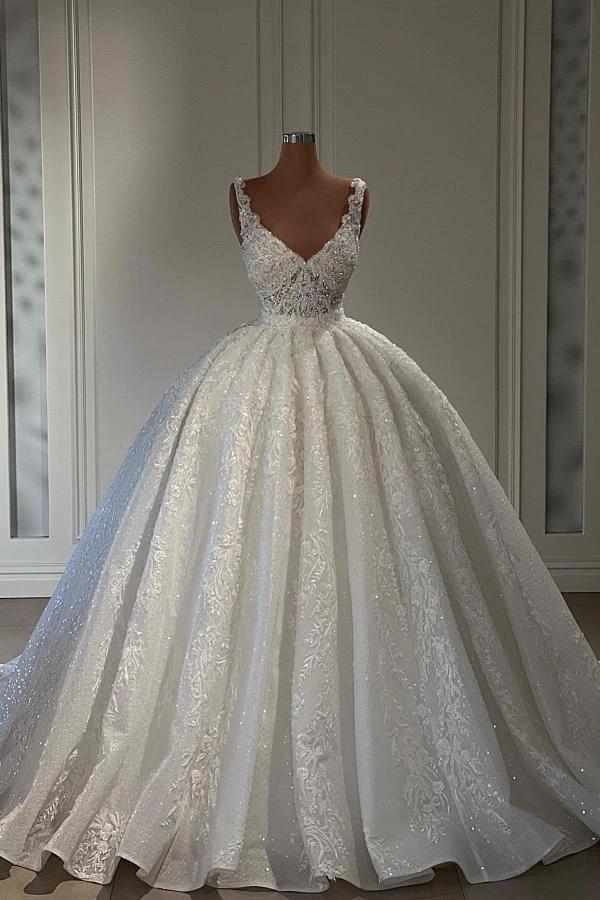 Gorgeous Long Ball Gown Sweetheart Sleeveless Lace Wedding Dress with Ruffles (ZD16753)