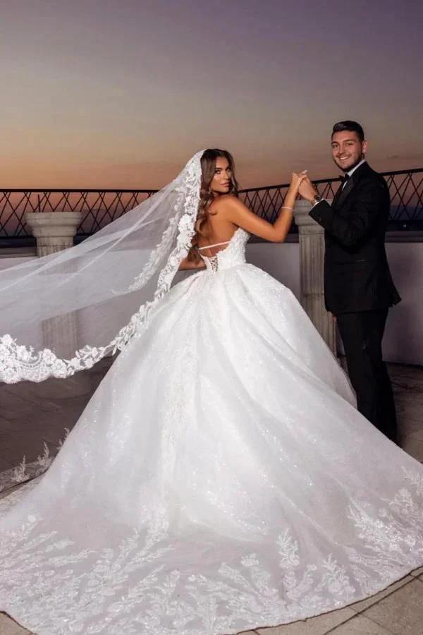 Gorgeous Long Ball Gown Sweetheart Tulle Wedding Dresses with Appliques Lace (ZD16728)