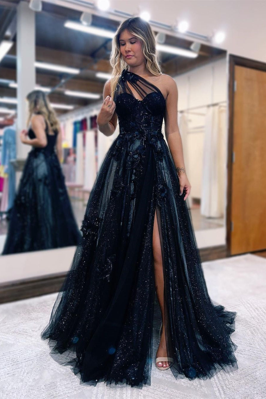 Gorgeous Long Black One-Shoulder A-Line Lace Prom Dress Split Online