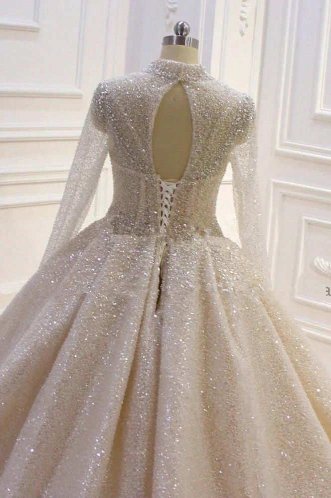 Gorgeous Long High neck Sequin Satin Ball Gown Wedding Dress with Sleeves (ZD15190)