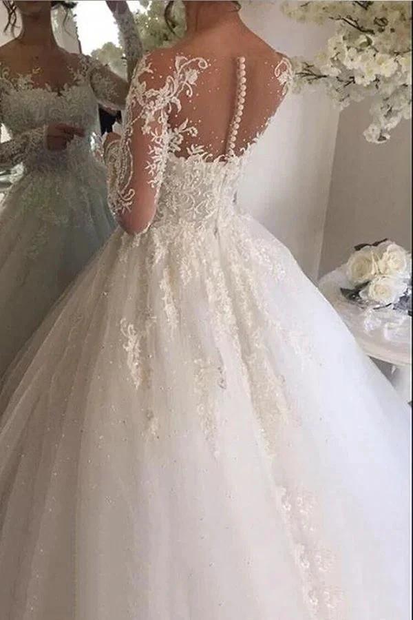 Gorgeous Long Ivory A-line Tulle Lace Wedding Dresses with Sleeves (ZD15007)