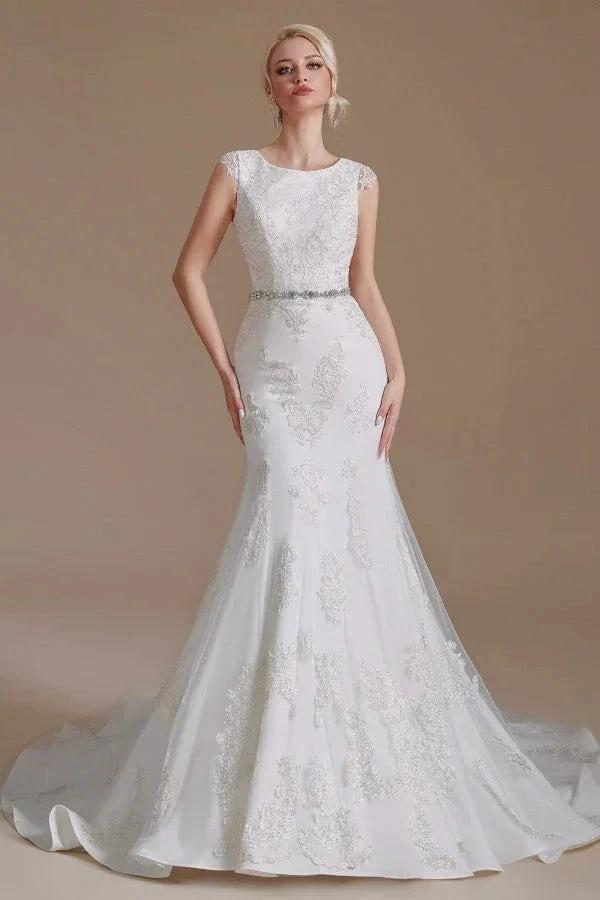 Gorgeous Long Mermaid Jewel Tulle Lace Wedding Dress (ZD14352)