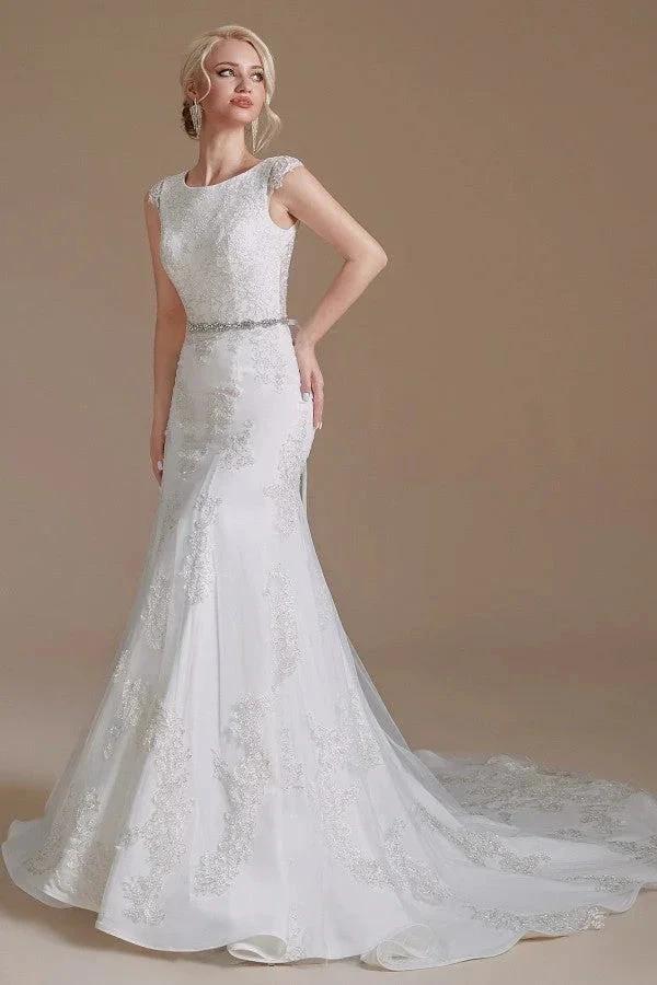 Gorgeous Long Mermaid Jewel Tulle Lace Wedding Dress (ZD14352)
