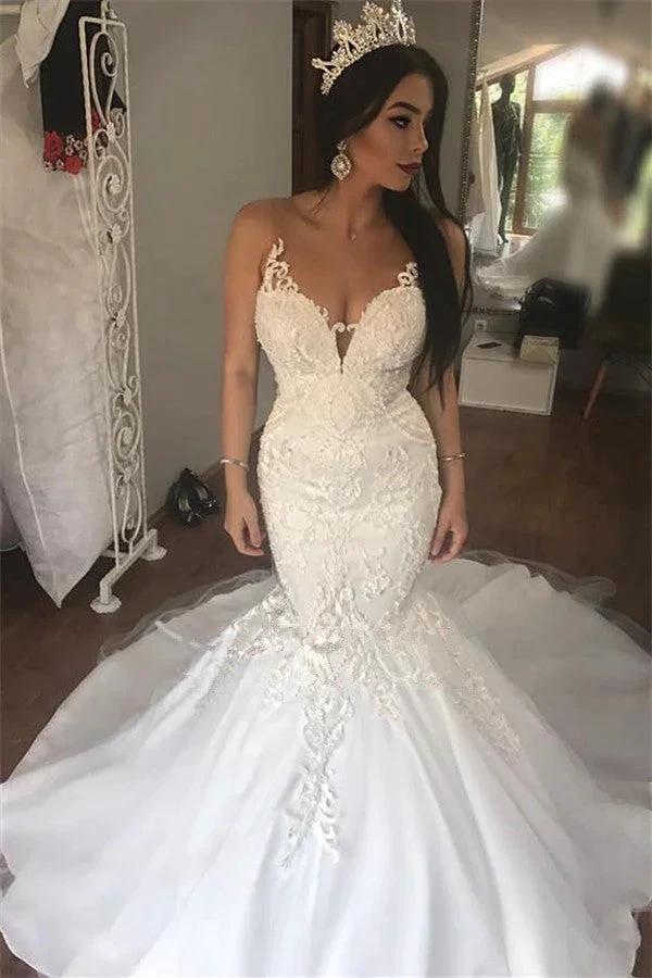 Gorgeous Long Mermaid Sweetheart Lace Buttons Backless Wedding Dress (ZD15975)