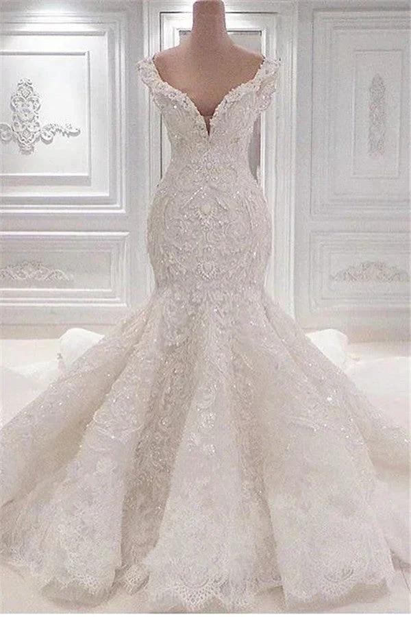 Gorgeous Long Mermaid V-neck Appliques Lace Ruffles Wedding Dress (ZD14325)