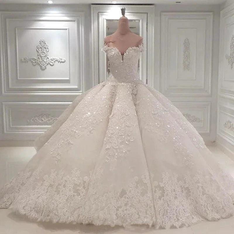 Gorgeous Long Off The Shoulder Beadings Ball Gown Wedding Dress (ZD14395)