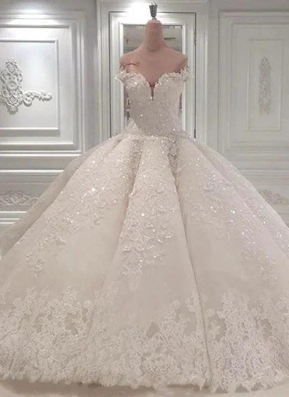 Gorgeous Long Off The Shoulder Beadings Ball Gown Wedding Dress (ZD14395) - VelvetHem