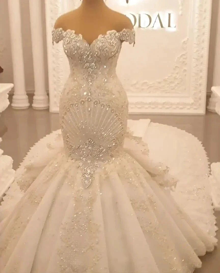 Gorgeous Long Off the Shoulder Crystal Backless Mermaid Wedding Dresses (ZD15195)