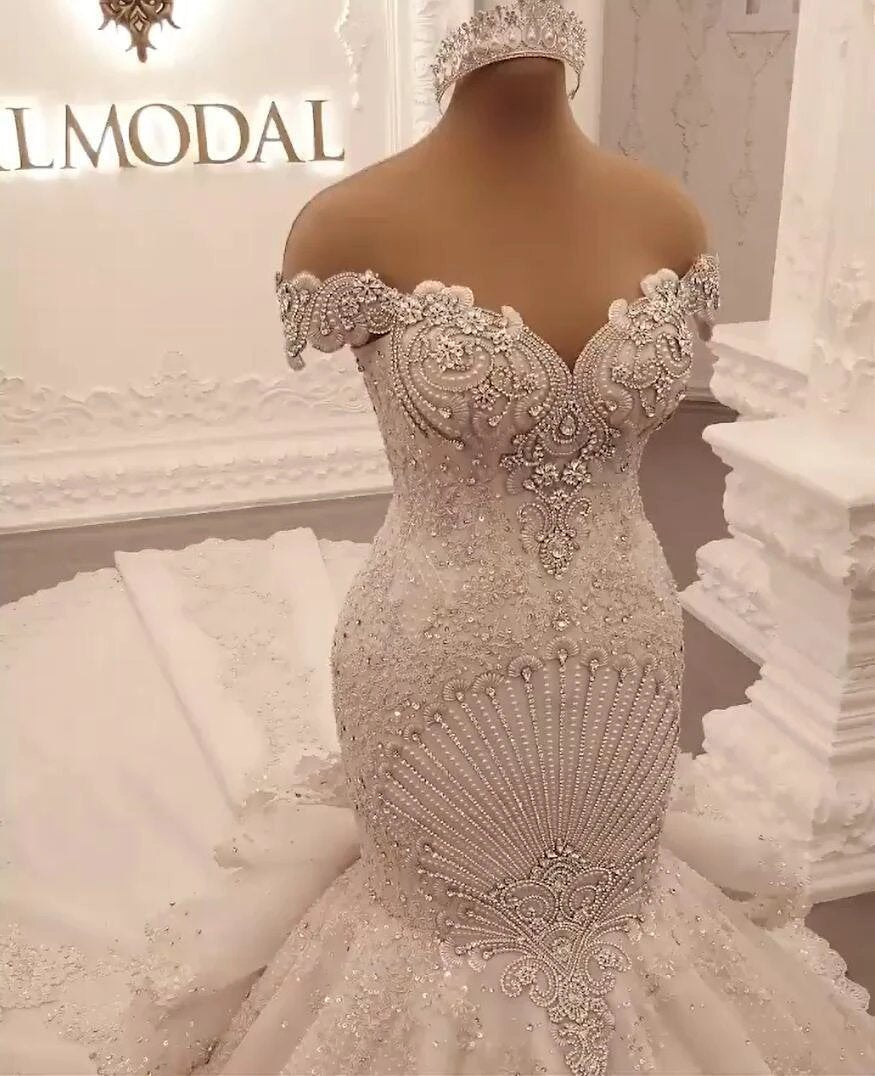 Gorgeous Long Off the Shoulder Crystal Backless Mermaid Wedding Dresses (ZD15195)