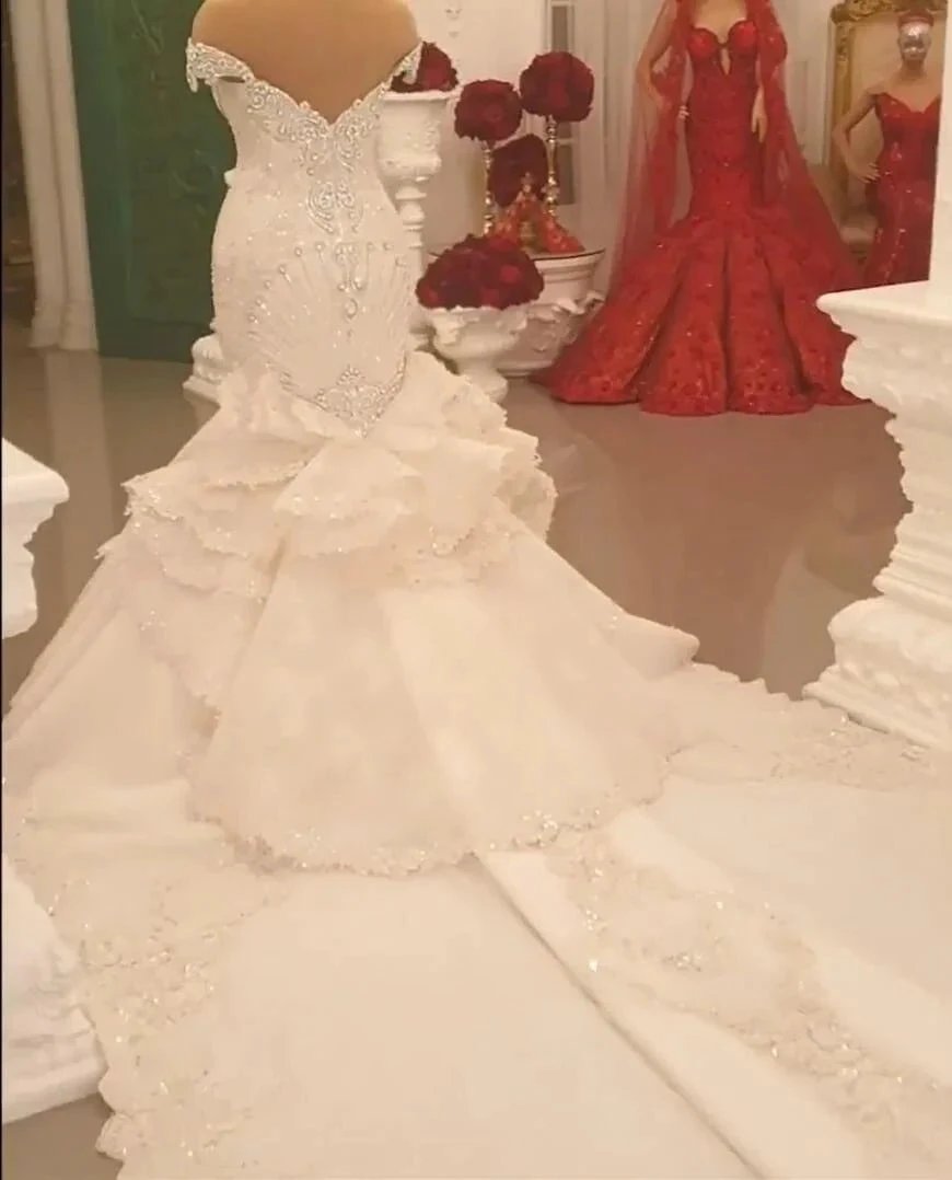 Gorgeous Long Off the Shoulder Crystal Backless Mermaid Wedding Dresses (ZD15195)