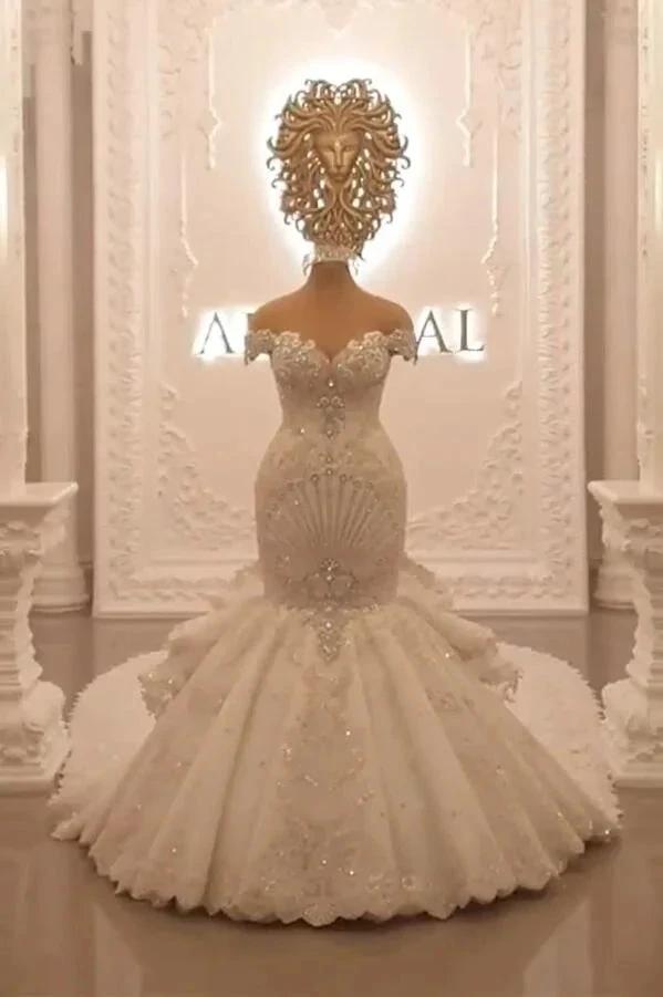 Gorgeous Long Off the Shoulder Crystal Backless Mermaid Wedding Dresses (ZD15195)